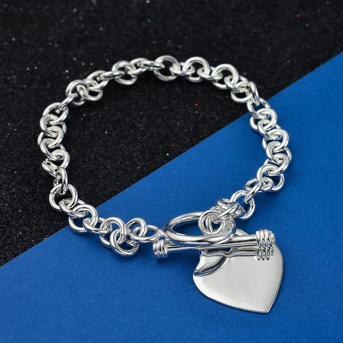 Vicenza Closeout - Sterling Silver Heart Charm Bracelet (Size - 7.5) With T-Bar Clasp 7725064 1