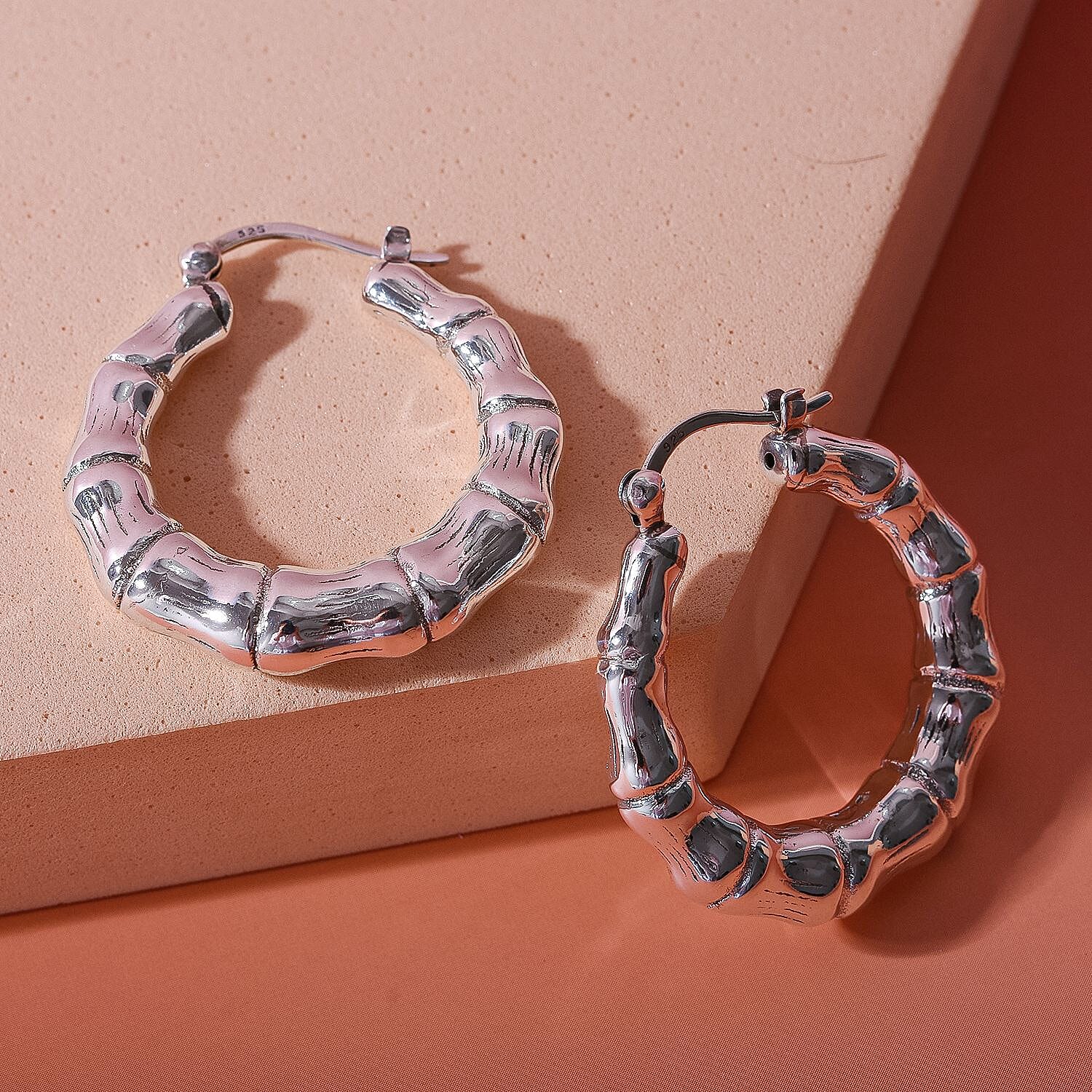 Sterling Silver Bamboo Hoop Earrings (With Clasp) 7303583 2