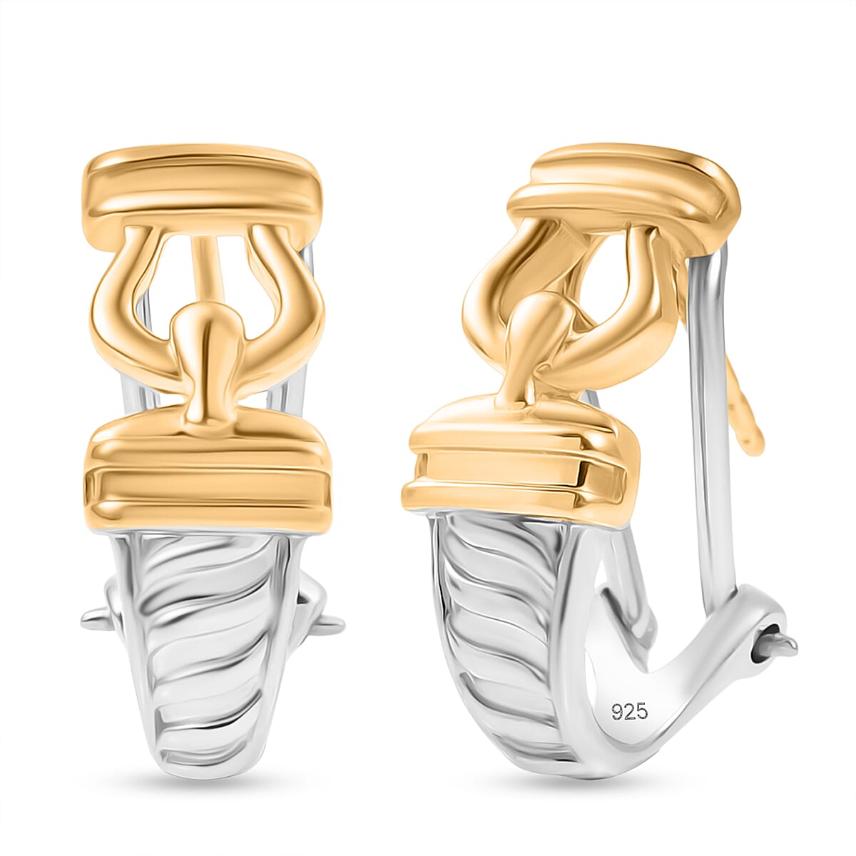 ROMA DESIGNER CLOSEOUT DEAL Sterling Silver J Hoop Hoop Earring with Omega Clip Back in Yellow Gold Plated &amp; Platinum Overlay V32747805 0