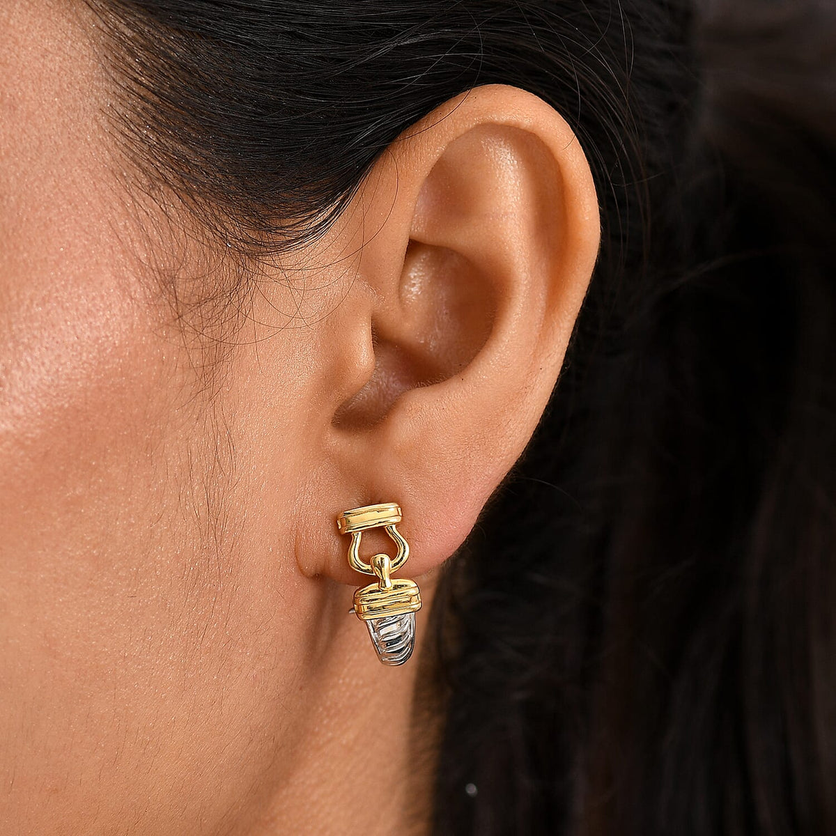 ROMA DESIGNER CLOSEOUT DEAL Sterling Silver J Hoop Hoop Earring with Omega Clip Back in Yellow Gold Plated &amp; Platinum Overlay V32747805 3