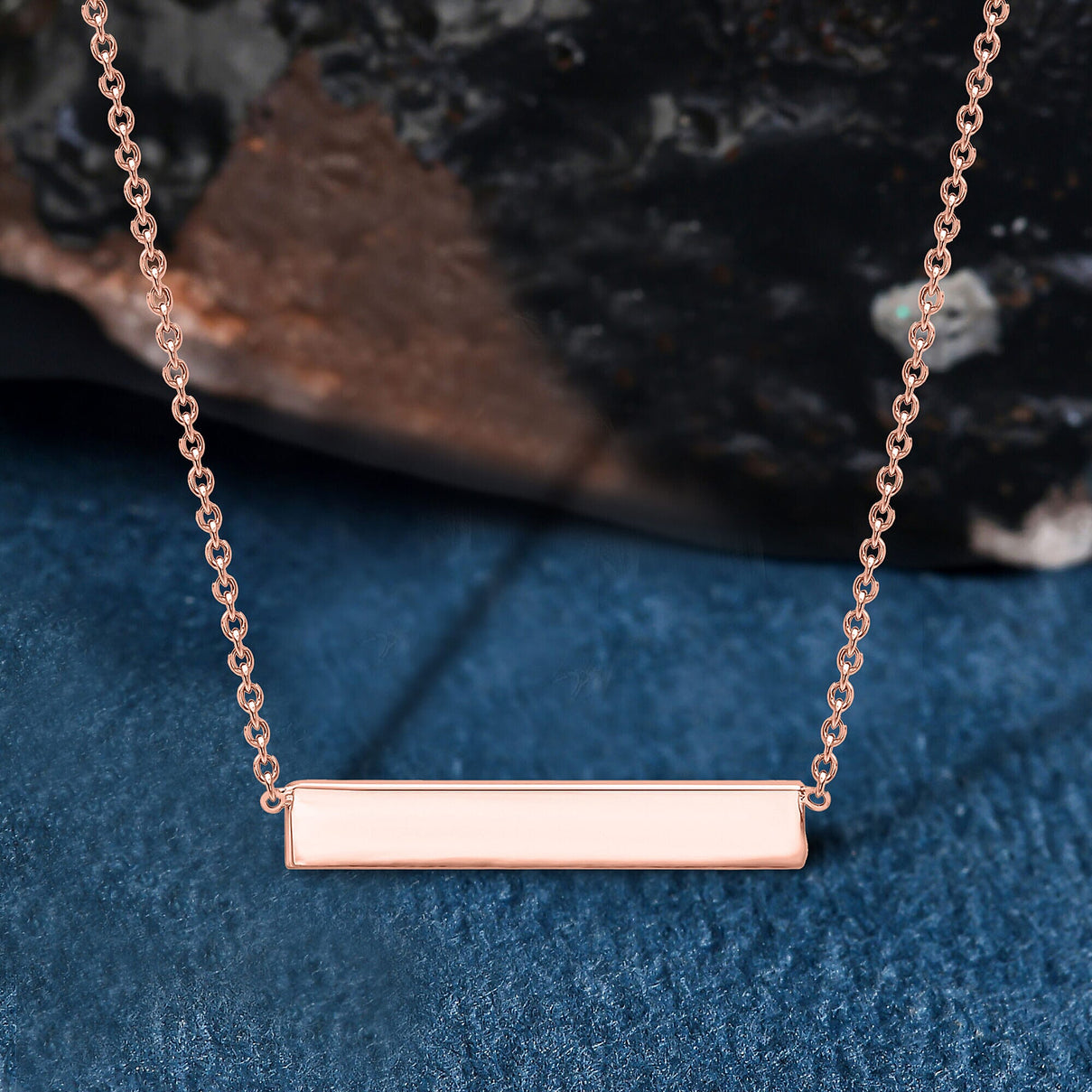 Sterling Silver Rose Gold Plated 32mm x 5mm Horizontal Bar Necklace 17 Inch 7456904 1