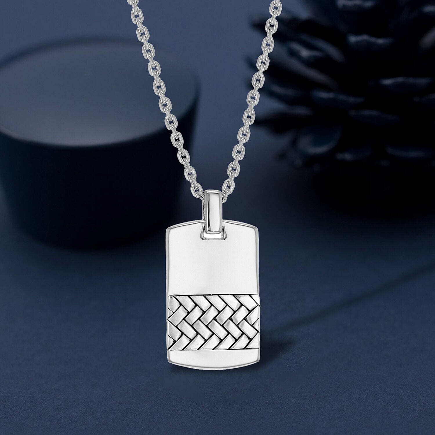 Sterling Silver 17mm x 33mm Herringbone-Patterned Dog Tag Pendant on Adjustable Chain 20 Inch to 22 Inch 7456937 1