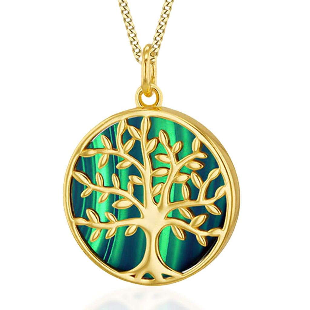 Designer Inspired - Tree of Life Malachite Pendant in in Yellow Gold Overlay Sterling Silver