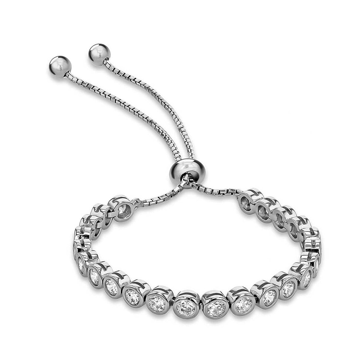 Sterling Silver Rhodium Plated CZ Stone Rubover Adjustable Slider Tennis Bracelet 5 - 9 Inch 8928906 0