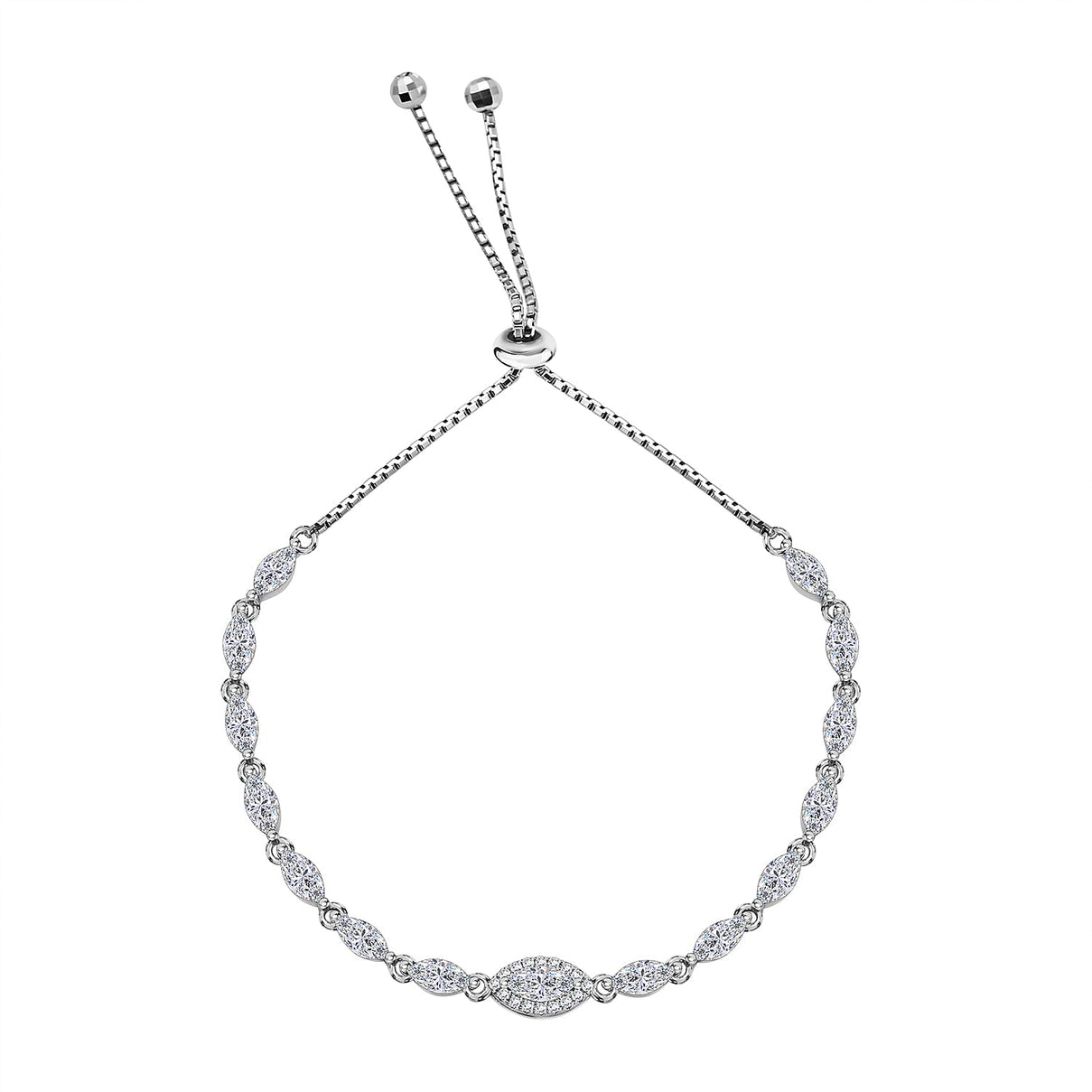 Sterling Silver Rhodium Plated Marquise CZ 5.5mm Adjustable Box Chain Slider Bracelet 4 - 9 Inch 8928898 0