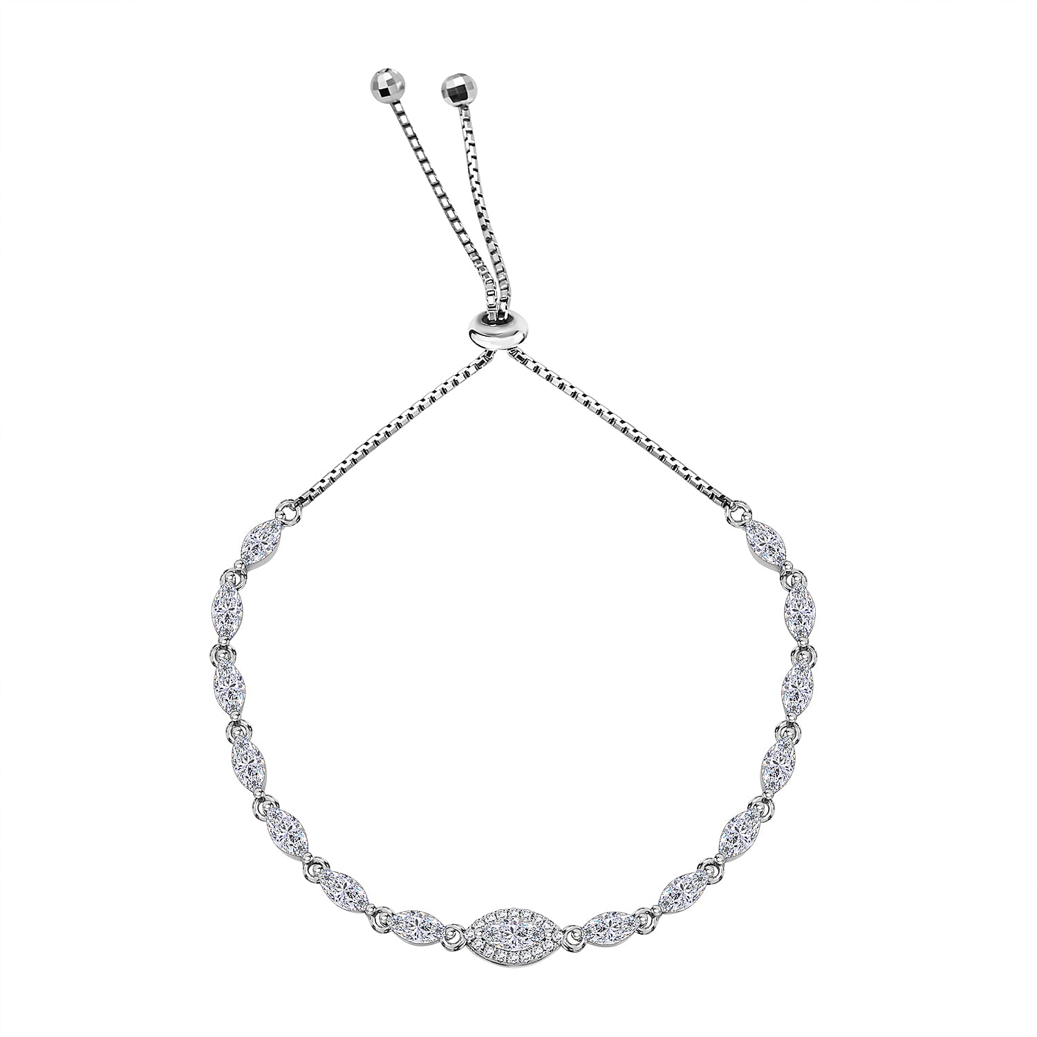 Sterling Silver Rhodium Plated Marquise CZ 5.5mm Adjustable Box Chain Slider Bracelet 4 - 9 Inch 8928898 0