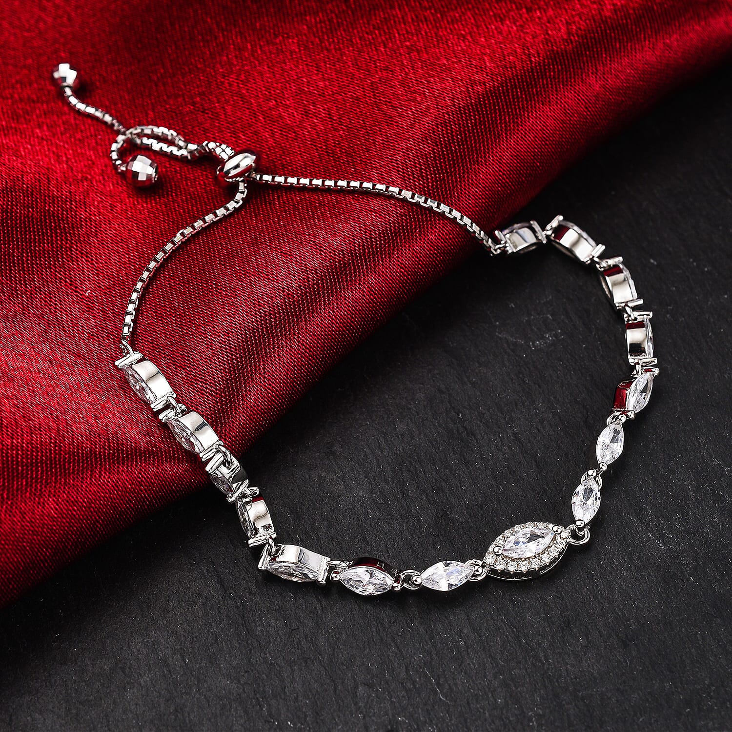 Sterling Silver Rhodium Plated Marquise CZ 5.5mm Adjustable Box Chain Slider Bracelet 4 - 9 Inch 8928898 1