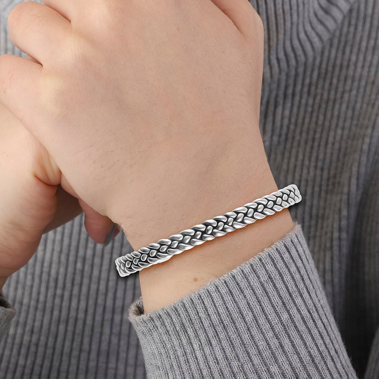 Sterling Silver Rhodium Plated Oxidised 7mm Braided Cuff Bangle (Size - 6-7) 7312527 1