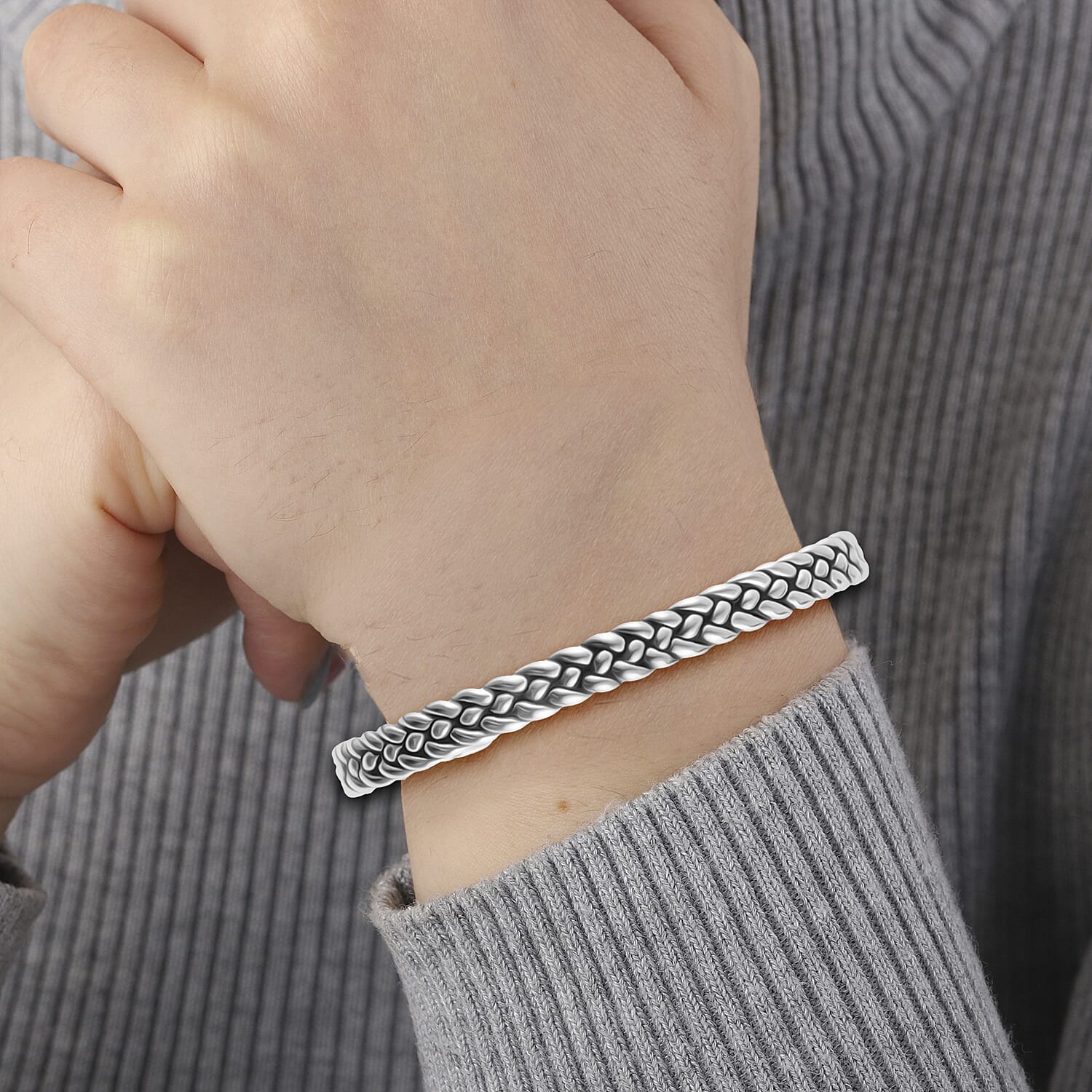 Sterling Silver Rhodium Plated Oxidised 7mm Braided Cuff Bangle (Size - 6-7) 7312527 1