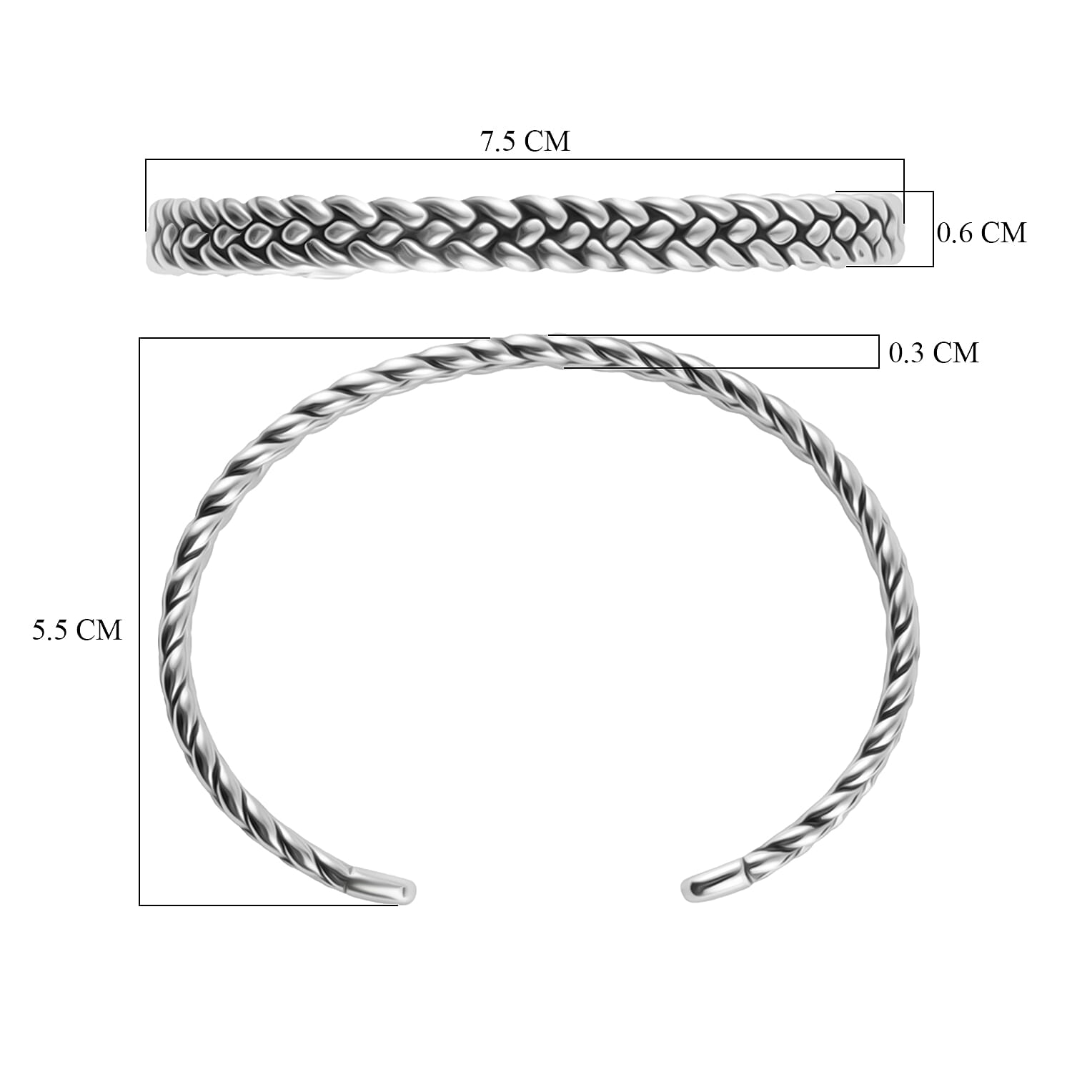 Sterling Silver Rhodium Plated Oxidised 7mm Braided Cuff Bangle (Size - 6-7) 7312527 4