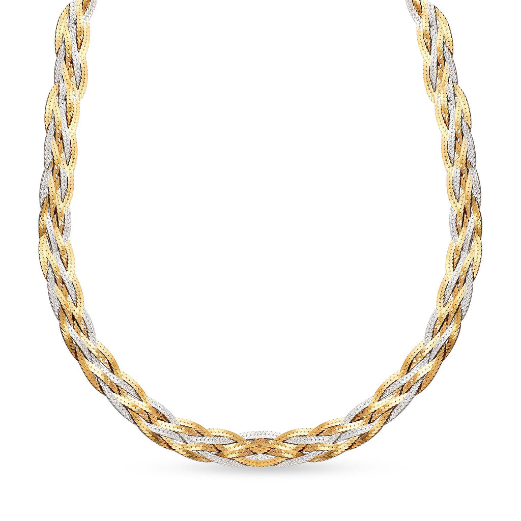 Sterling Silver Rhodium and Yellow Gold Plated Herringbone Necklace 17 Inch
