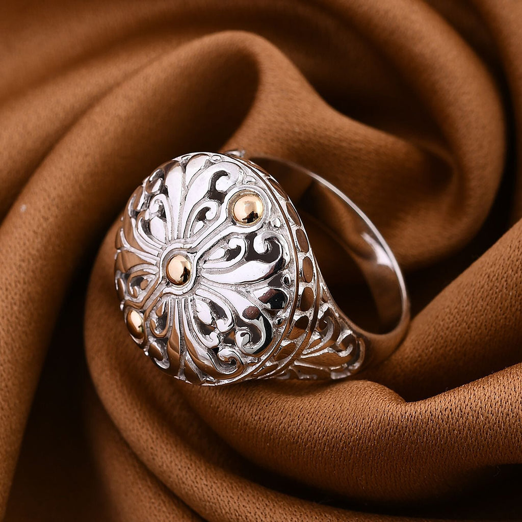 Royal Bali Iconic Collection - 18K Yellow Gold and Sterling Silver Filigree Ring, Silver Wt 8.80 GM