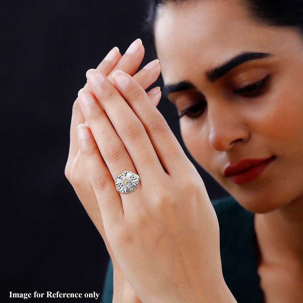 Royal Bali Iconic Collection - 18K Yellow Gold and Sterling Silver Filigree Ring, Silver Wt 8.80 GM