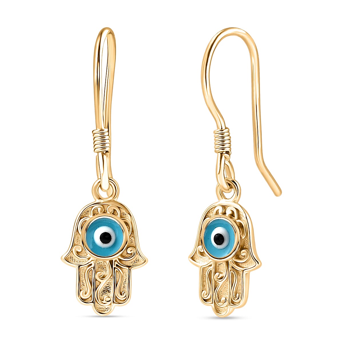 Hamsa Hand Evil Eye Drop Earring with J Hook in Yellow Gold Plated Sterling Silver 8276426 0