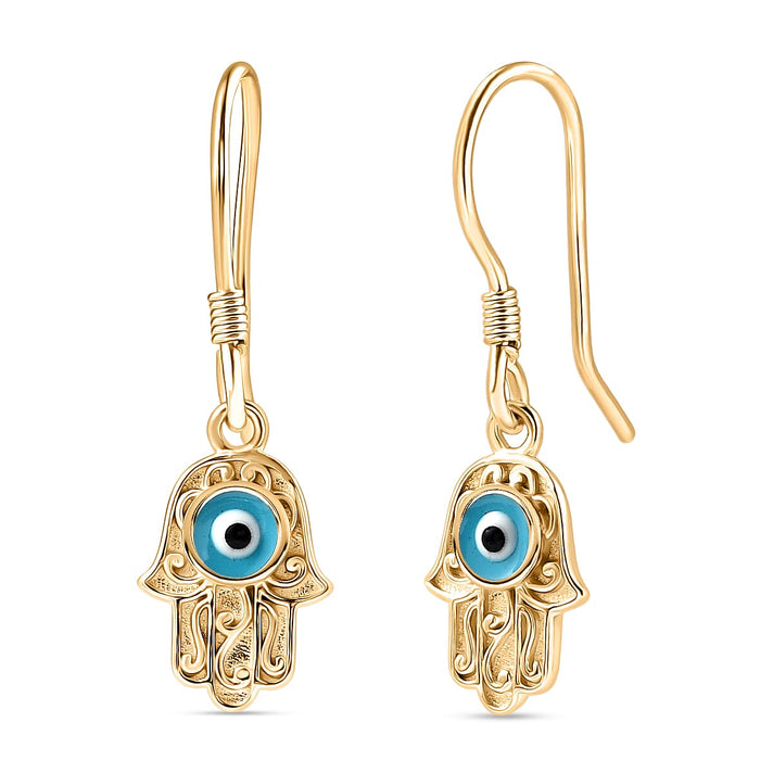Hamsa Hand Evil Eye Drop Earring with J Hook in Yellow Gold Plated Sterling Silver 8276426 1
