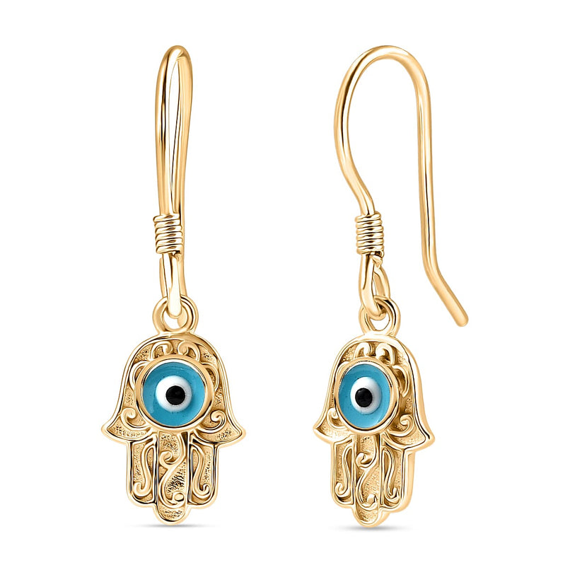 Hamsa Hand Evil Eye Drop Earring with J Hook in Yellow Gold Plated Sterling Silver