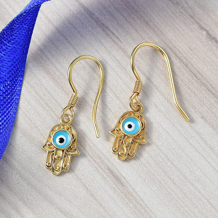 Hamsa Hand Evil Eye Drop Earring with J Hook in Yellow Gold Plated Sterling Silver 8276426 2