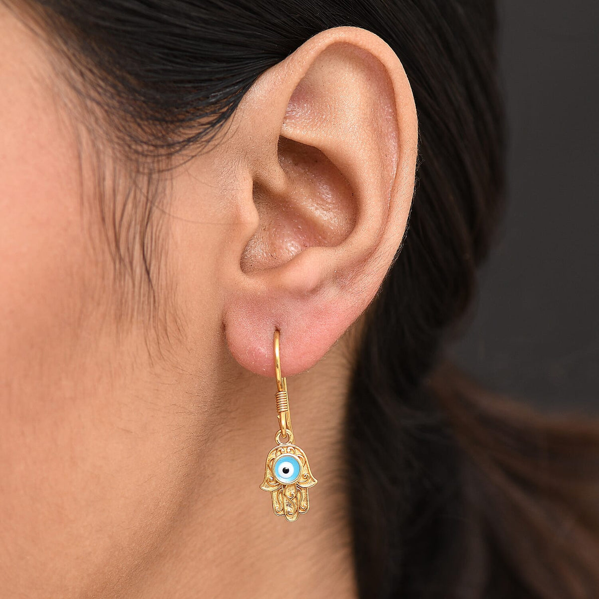 Hamsa Hand Evil Eye Drop Earring with J Hook in Yellow Gold Plated Sterling Silver 8276426 3