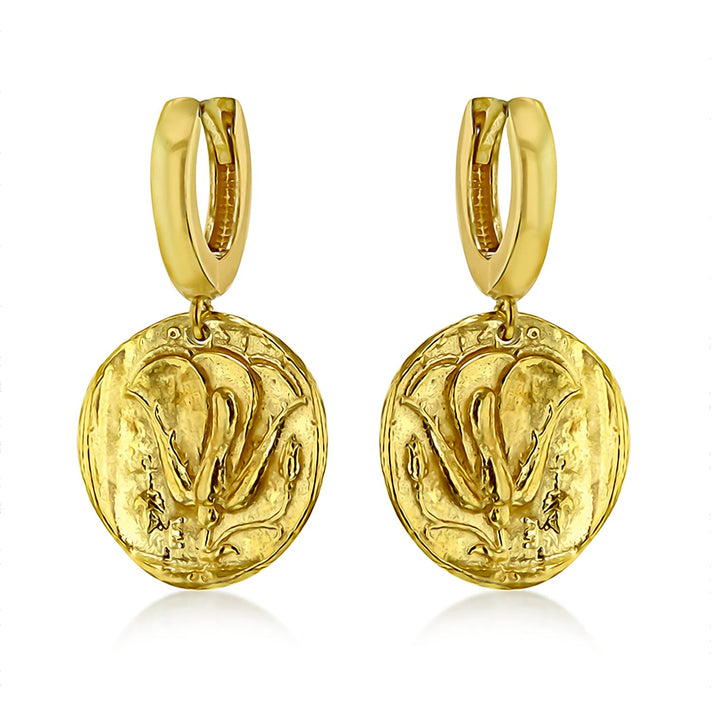 Sterling Silver Yellow Gold Plated 15.5mm x 29mm Reversible Roman Coin Creole Earrings 8927583 1