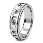 Artisan Crafted Platinum Overlay Sterling Silver Moon & Star Spinner Ring