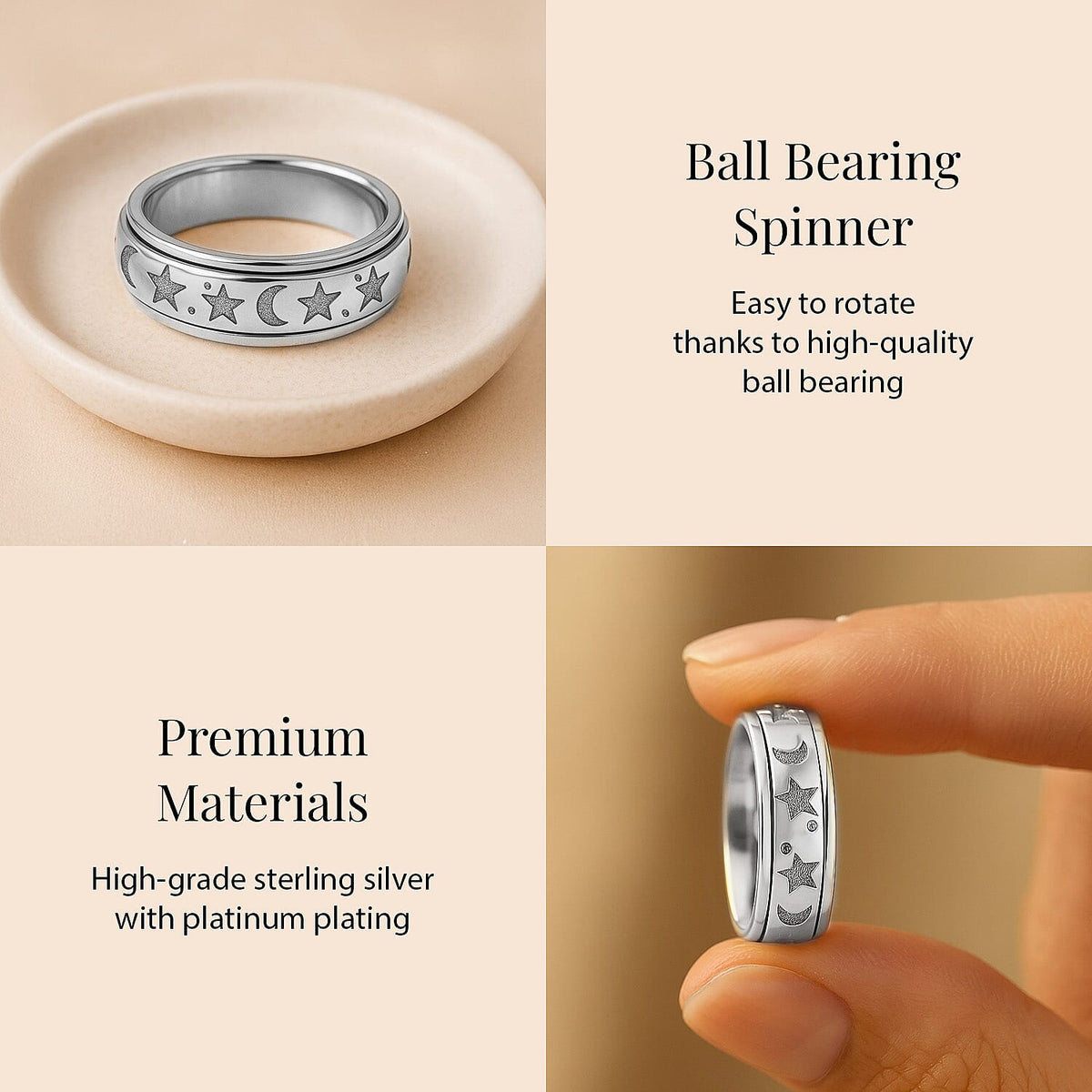 Sterling Silver with Platinum Overlay  Moon and Star Fidget Spinner Band Anxiety Stress Reliever Ring for Men and Women 3669750 6