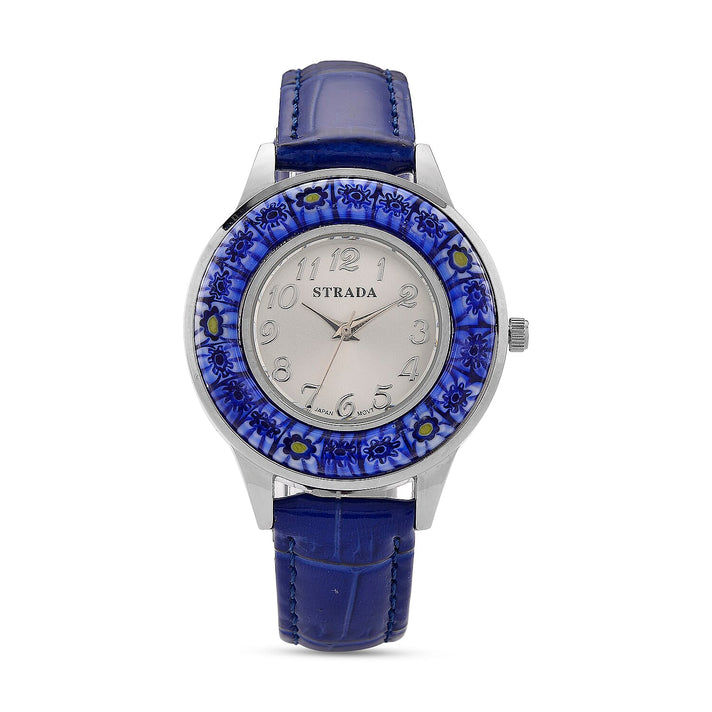 STRADA Murano Style Glass Ring PC21S Japanese Quartz Movt. Steel Plated Watch with White Dial and Blue Leather Strap 8282710 1