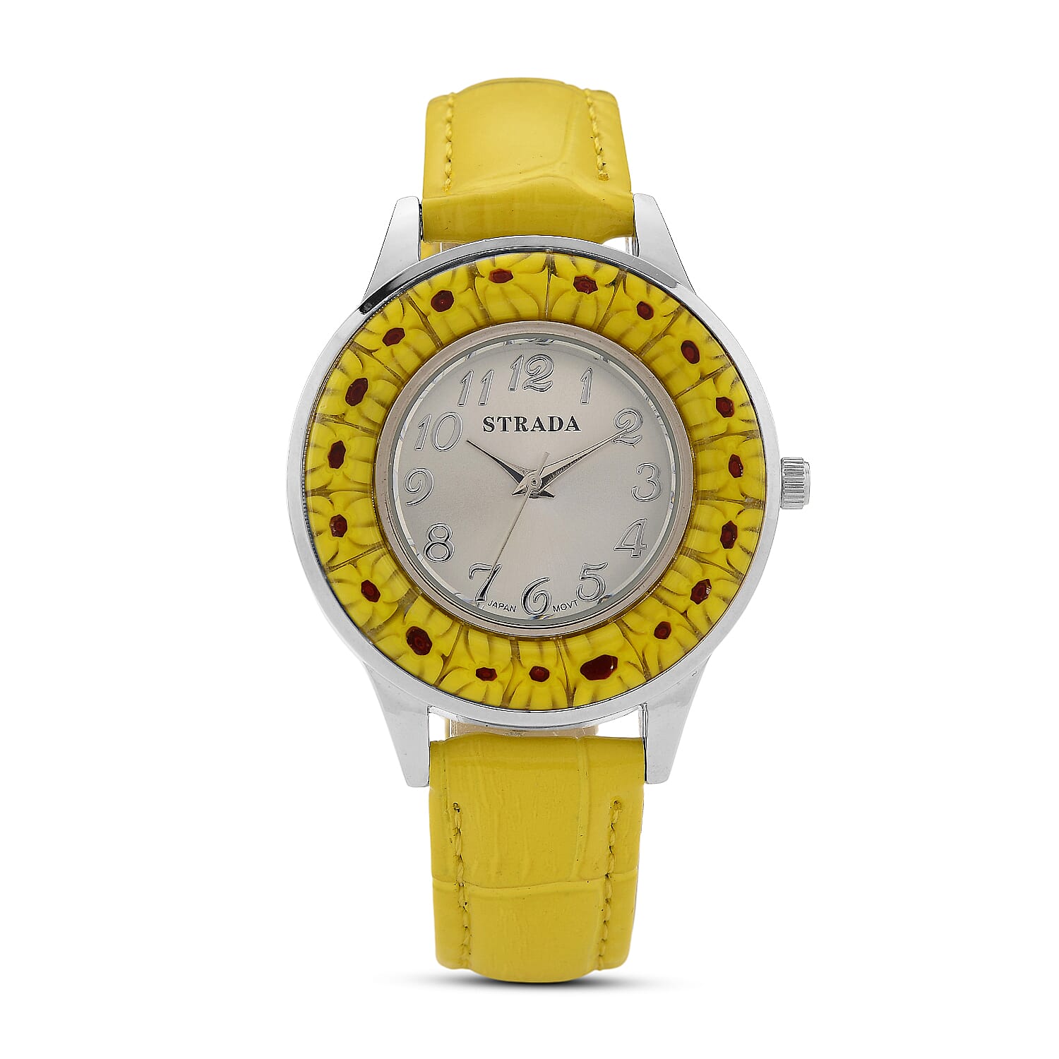 STRADA Murano Style Glass Ring PC21S Japanese Quartz Movt. Steel Plated Watch with White Dial and Yellow Leather Strap 8282712 0