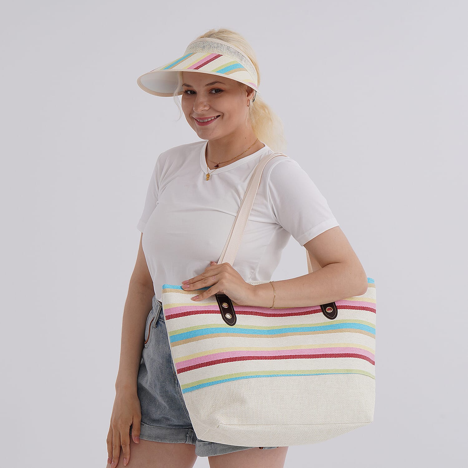 Set of 2- Blue Striped Pattern Tote Bag with Sun Hat (Visor) - Beach - Travel Ready 8049227 2