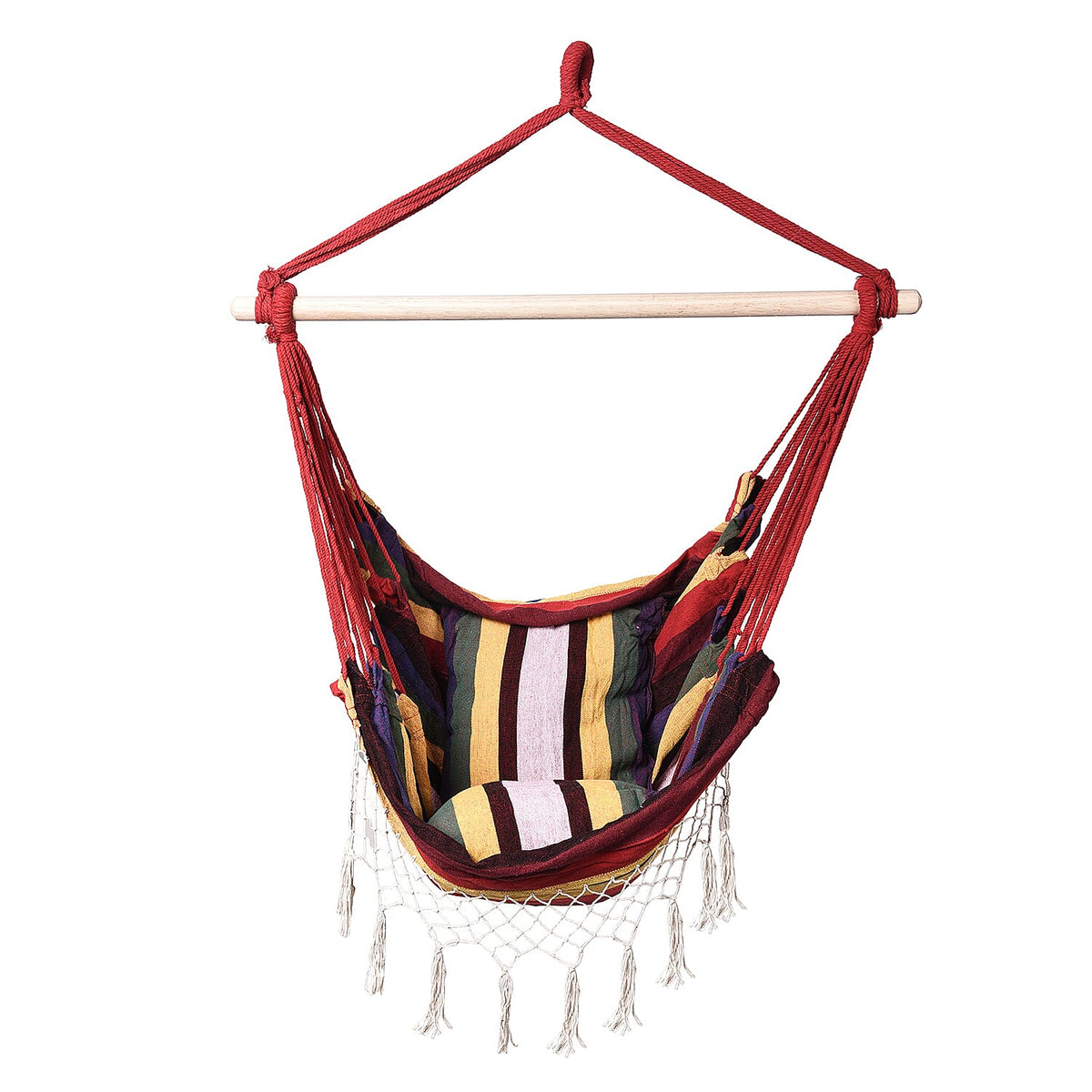 Striped Hanging Rope Hammock Swing Seat with 2 Cushions - Red and Multi Colour 3604914 0