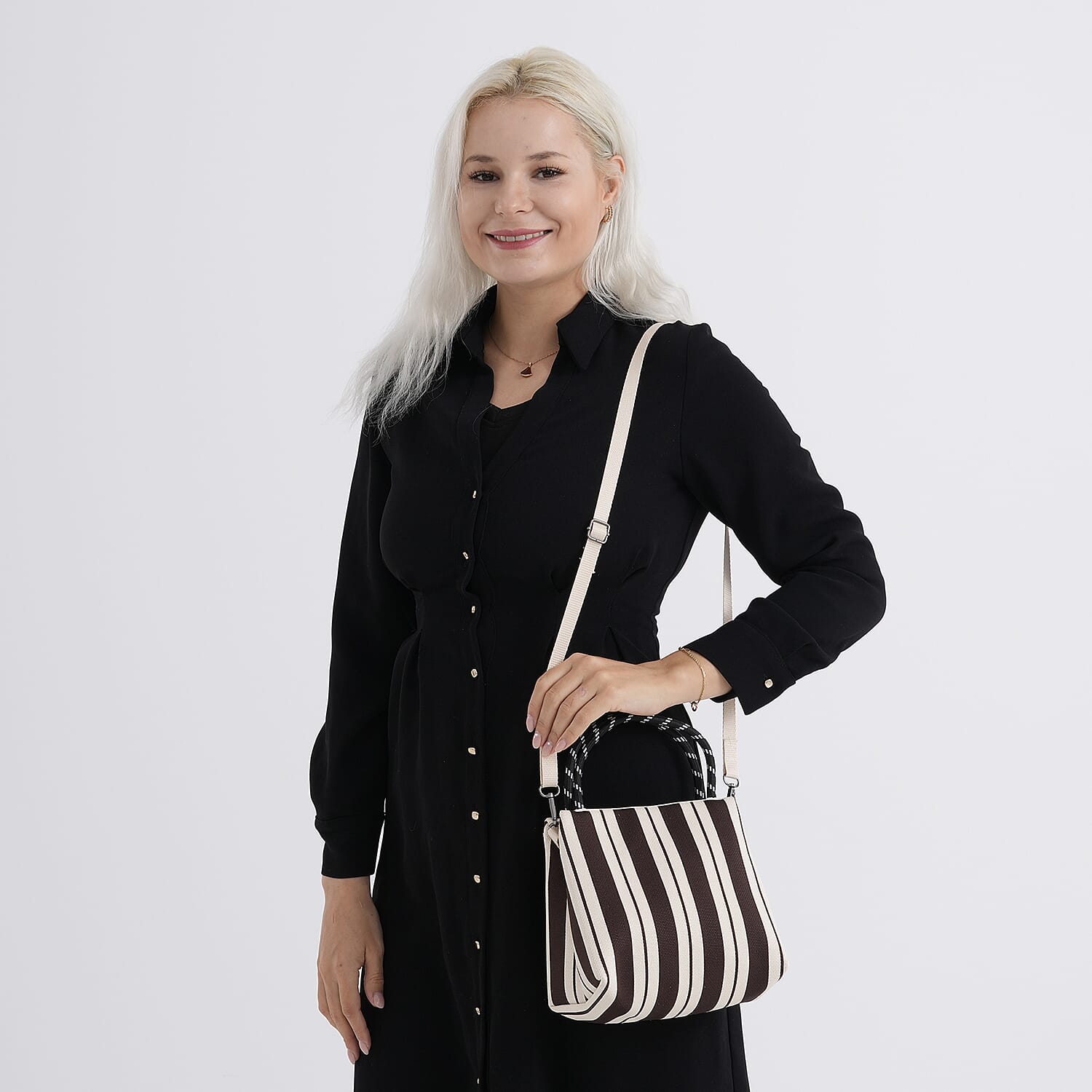 Striped Pattern Handbag with Shoulder Strap (130cm) - Coffee &amp; White V32367067 3