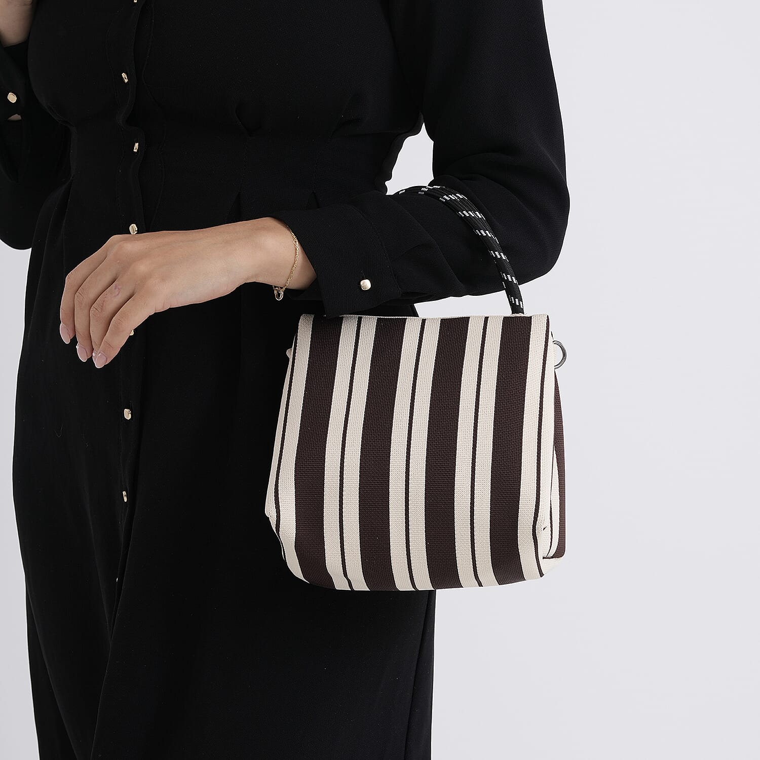 Striped Pattern Handbag with Shoulder Strap (130cm) - Coffee &amp; White V32367067 4
