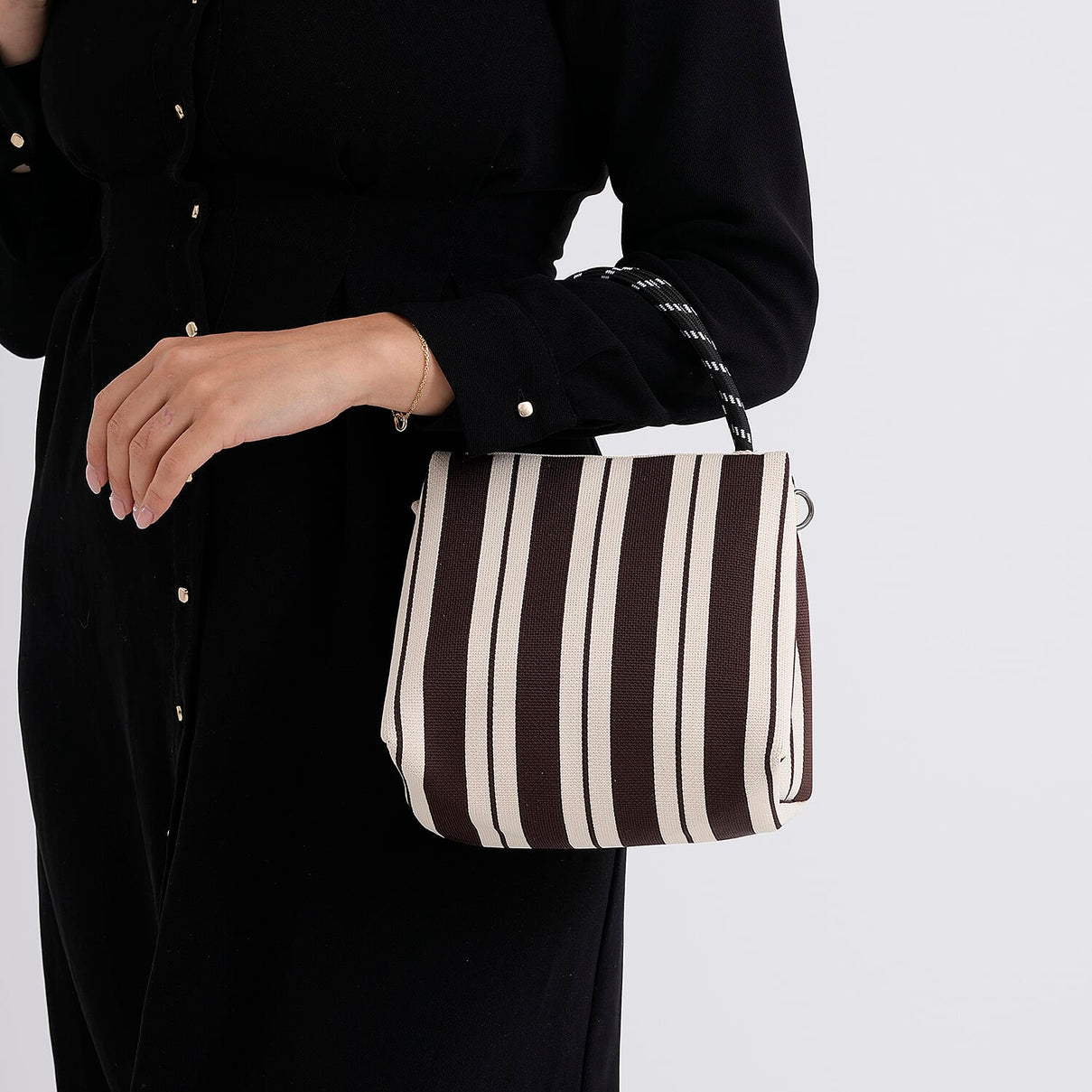 Striped Pattern Handbag with Shoulder Strap (130cm) - Coffee &amp; White V32350330 4