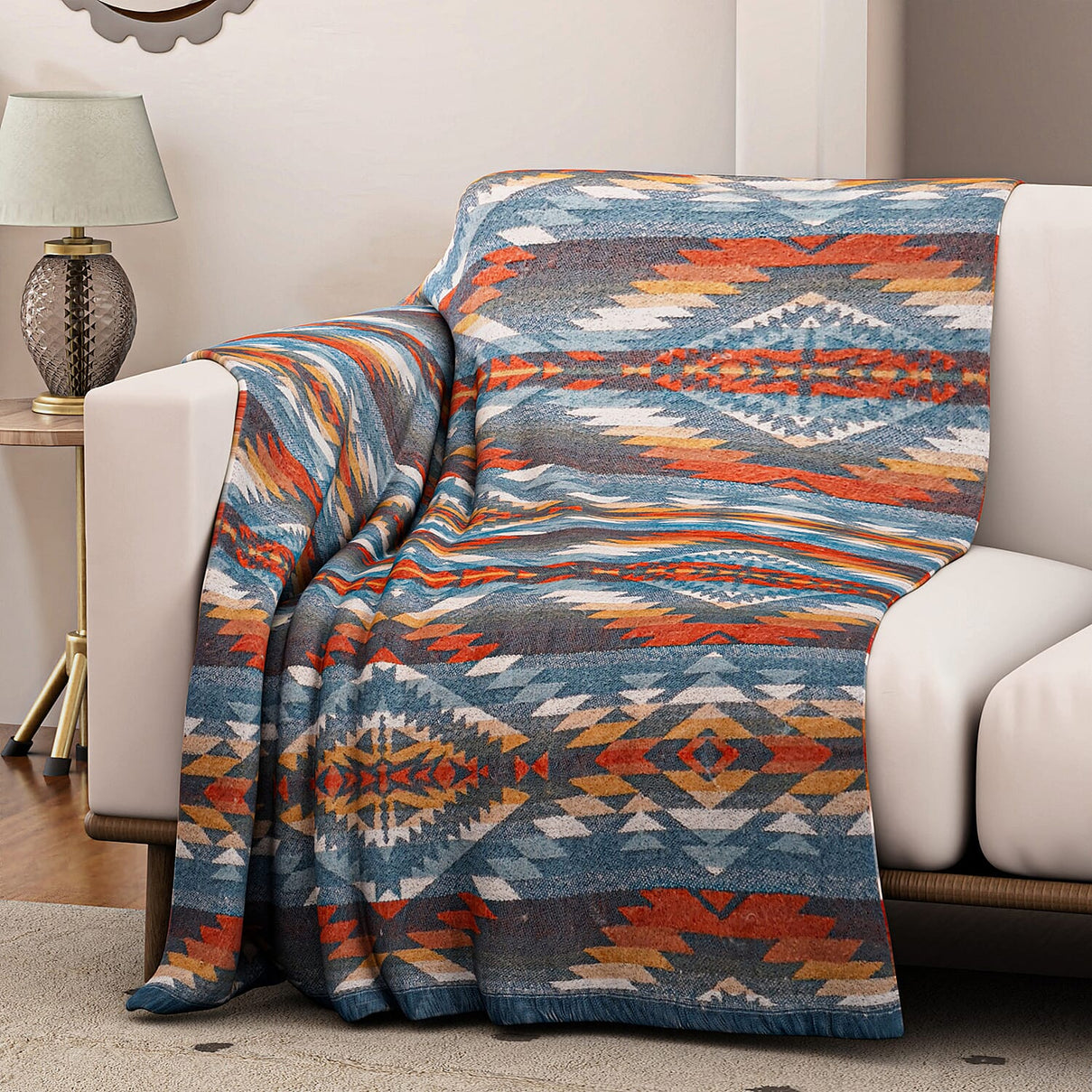 Striped Pattern Knitted Aztec Throw Cozy Blanket (50x70 inch) - Green &amp; Orange 8187015 0