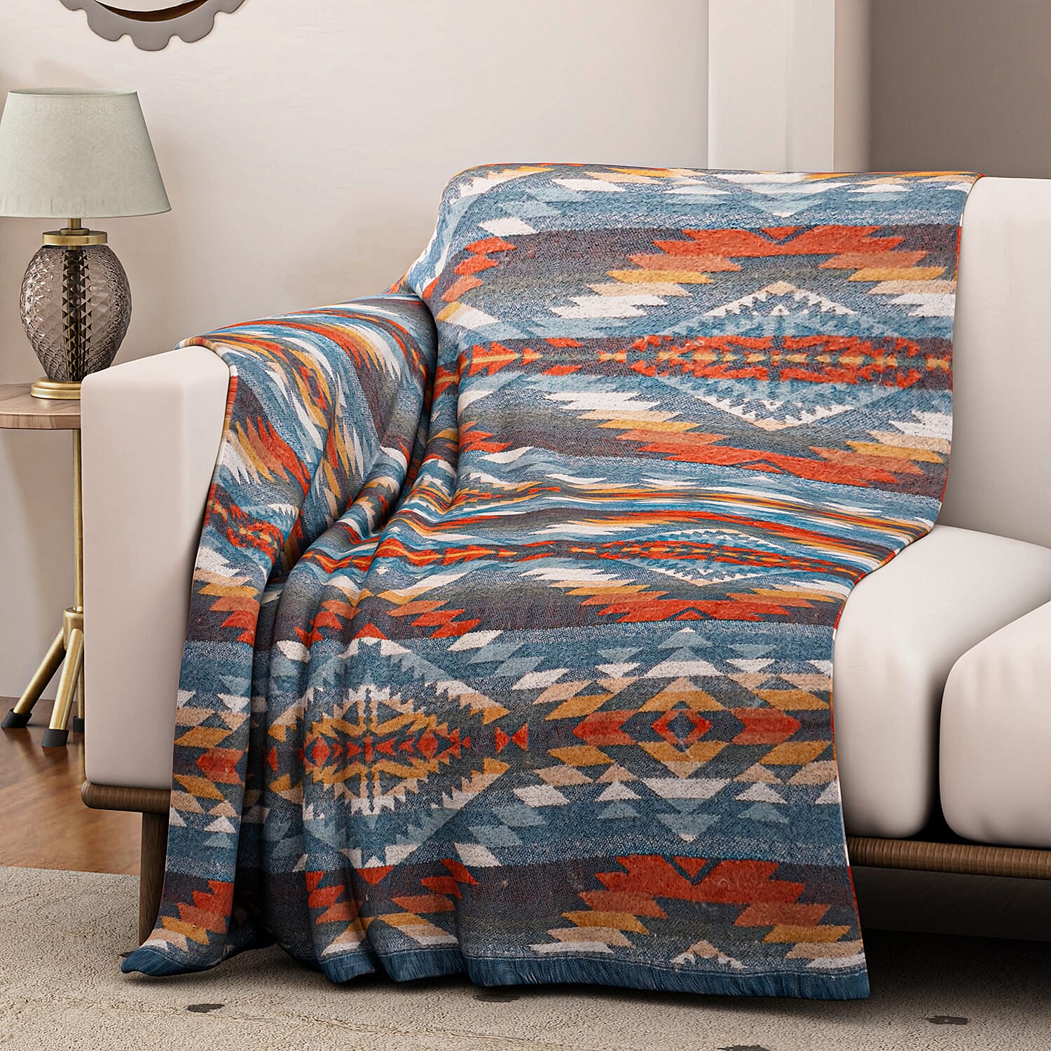 Striped Pattern Knitted Aztec Throw Cozy Blanket (50x70 inch) - Green &amp; Orange 8187015 0