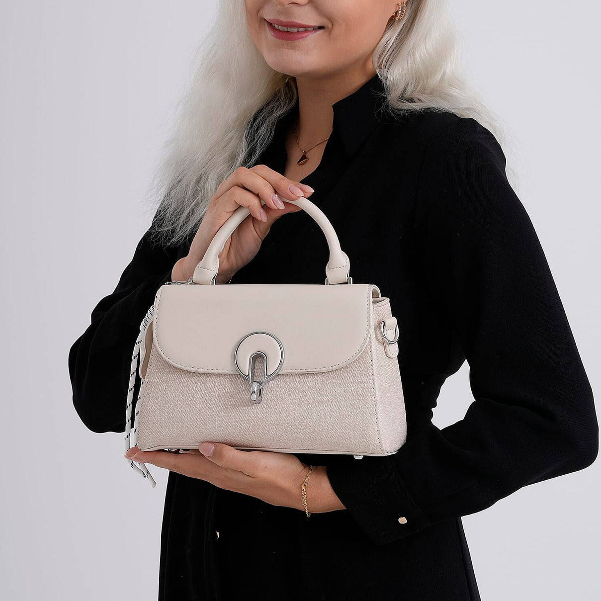 Structured Top-Handle Satchel Handbag - Ivory V32530178 4