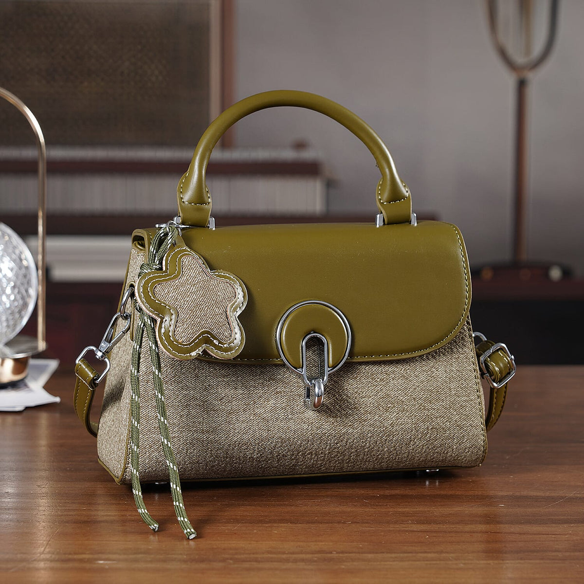 Structured Top-Handle Satchel Handbag - Olive Green V32574642 2