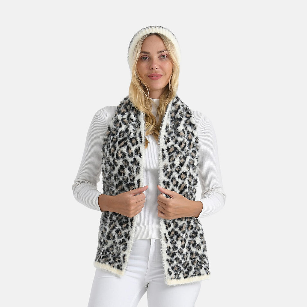 Designer Inspired -Styled By 2 Piece Leopard Print Scarf and Hat (One Size) - White