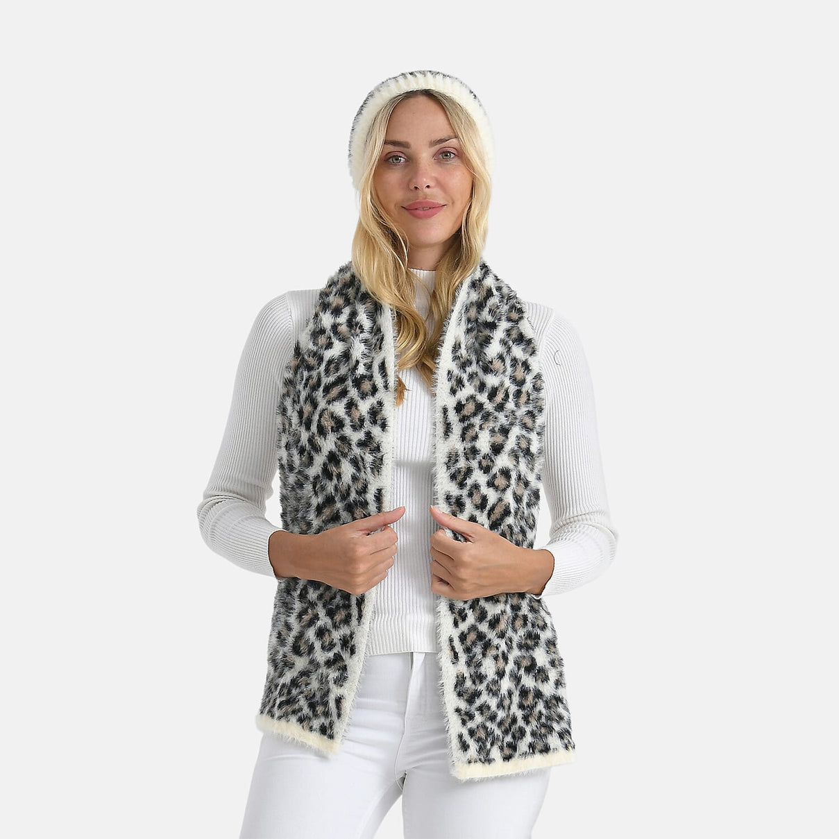 Designer Inspired -Styled By 2 Piece Leopard Print Scarf and Hat (One Size) - White 8253694 0