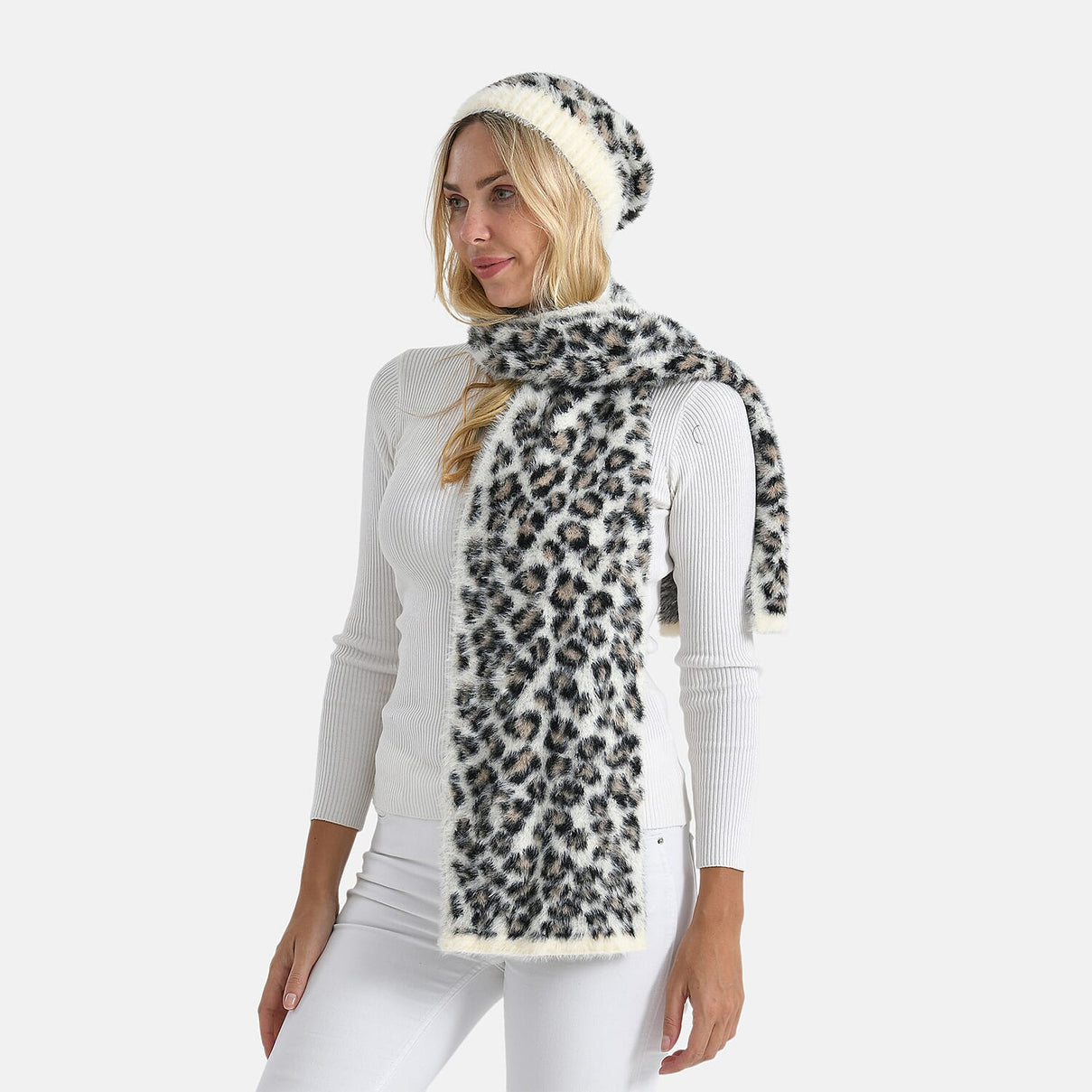 Designer Inspired -Styled By 2 Piece Leopard Print Scarf and Hat (One Size) - White 8253694 2