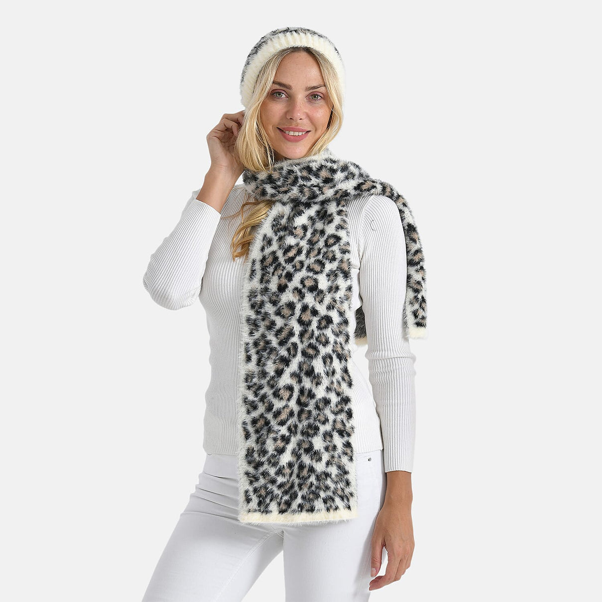 Designer Inspired -Styled By 2 Piece Leopard Print Scarf and Hat (One Size) - White 8253694 3
