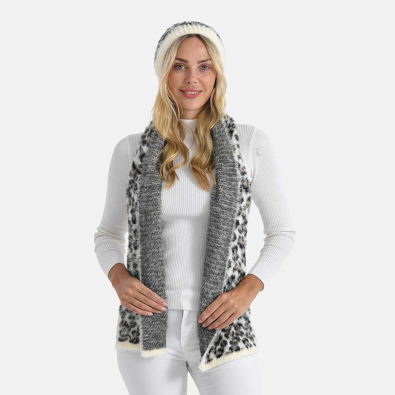 Designer Inspired -Styled By 2 Piece Leopard Print Scarf and Hat (One Size) - White 8253694 5