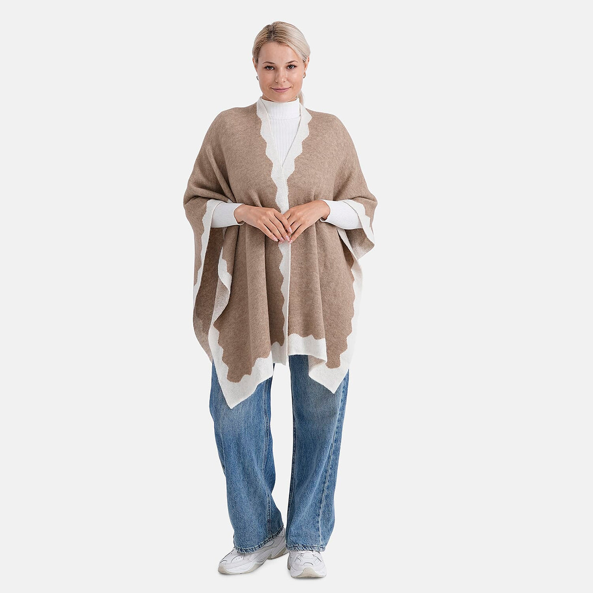 Styled By Knit Cape with Contrasting Scalloped Edge (One Size) - Beige 8207531 0