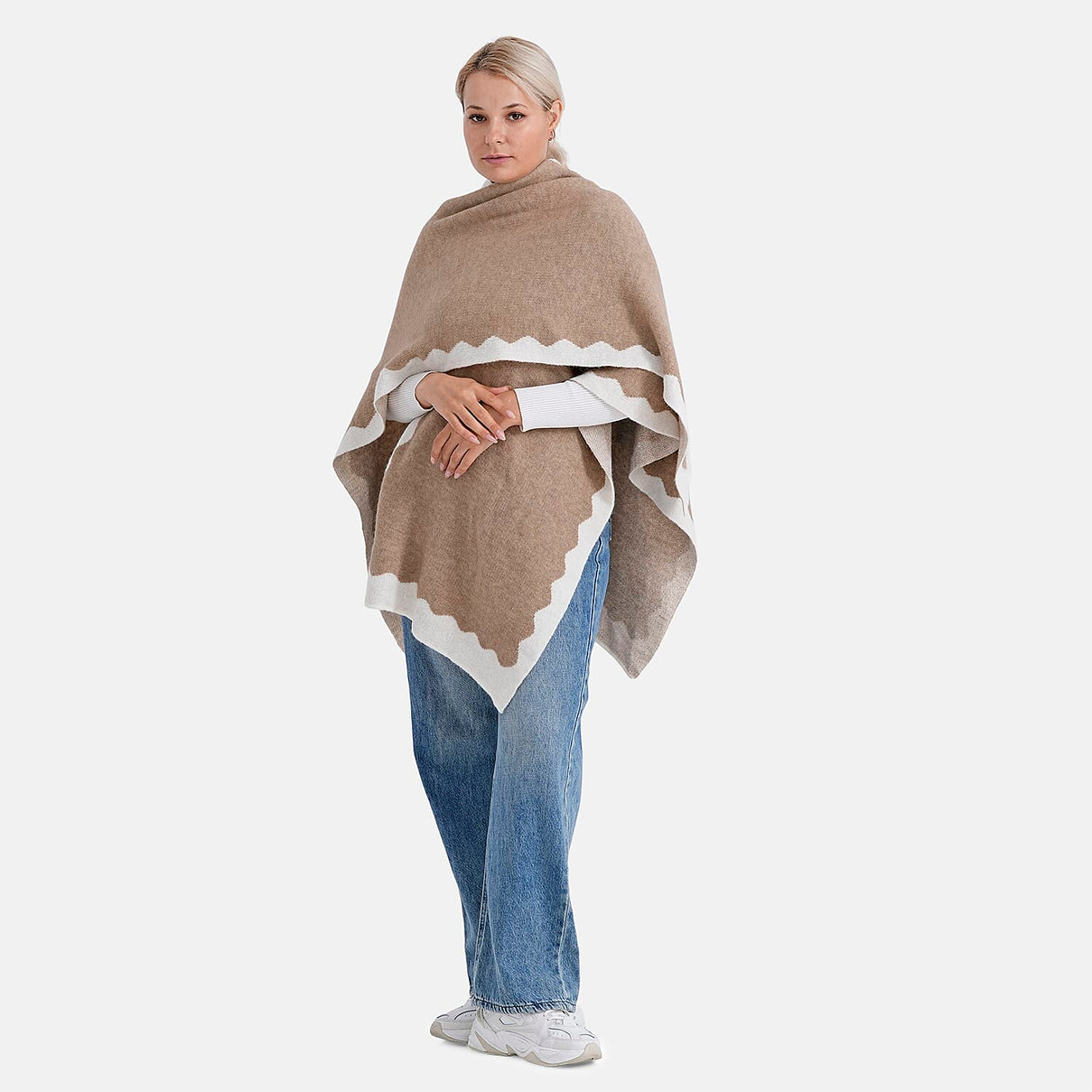 Styled By Knit Cape with Contrasting Scalloped Edge (One Size) - Beige 8207531 3