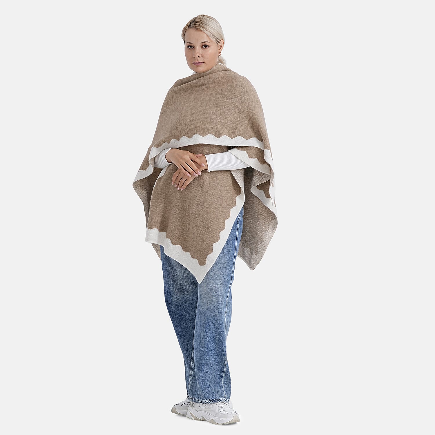 Styled By Knit Cape with Contrasting Scalloped Edge (One Size) - Beige 8207531 3