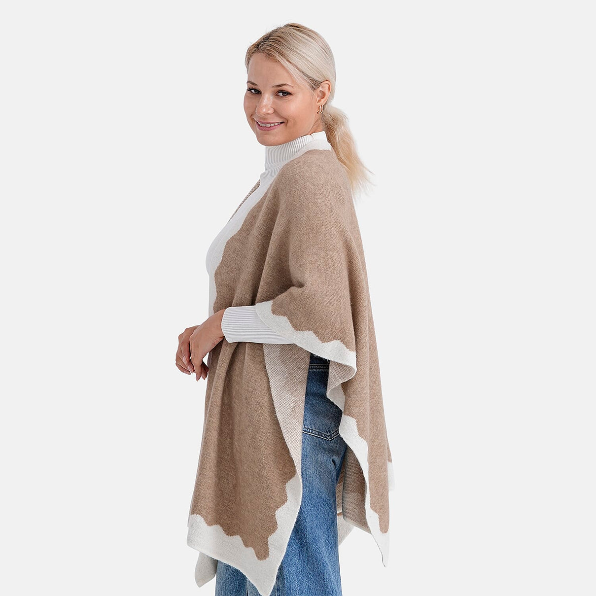 Styled By Knit Cape with Contrasting Scalloped Edge (One Size) - Beige 8207531 4