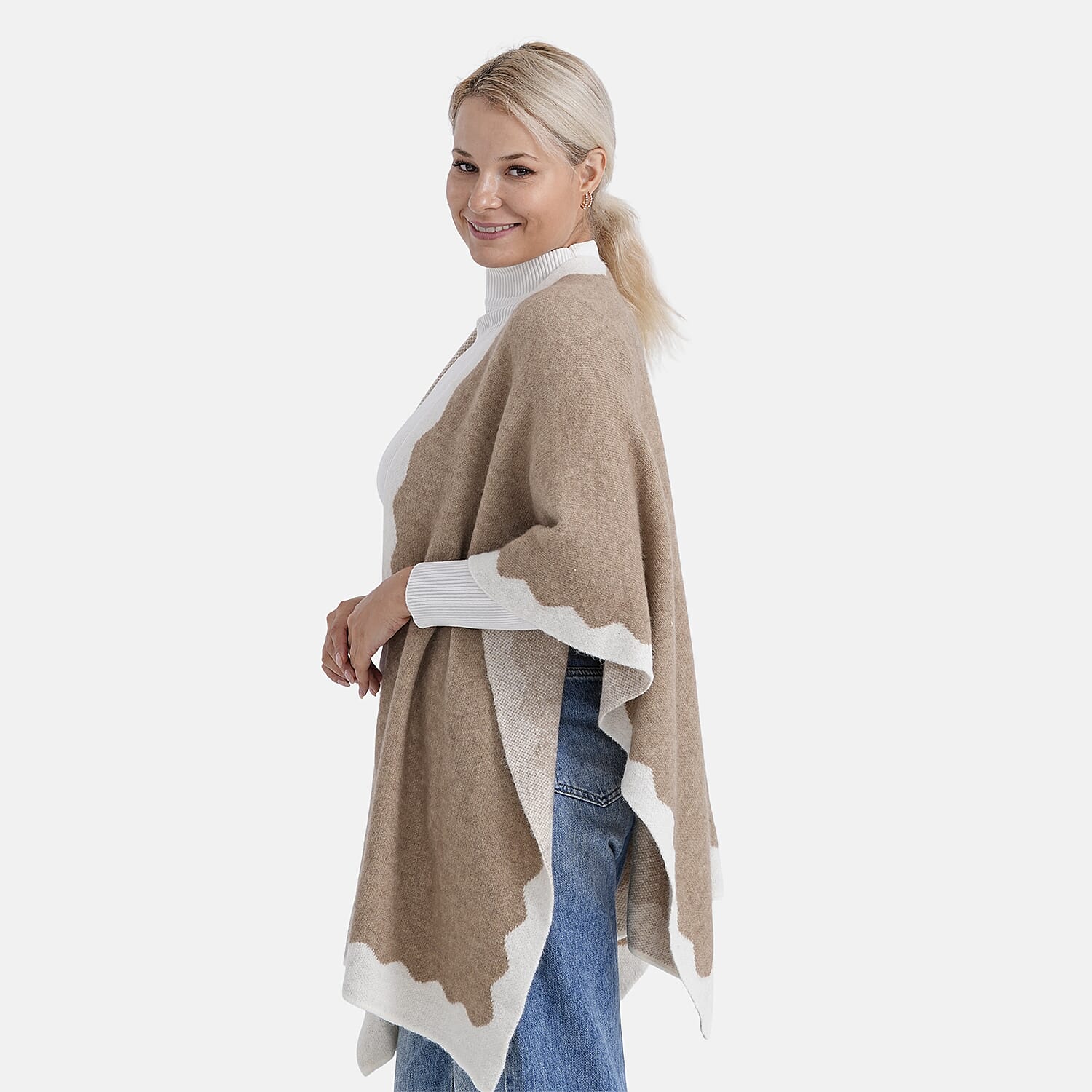 Styled By Knit Cape with Contrasting Scalloped Edge (One Size) - Beige 8207531 4