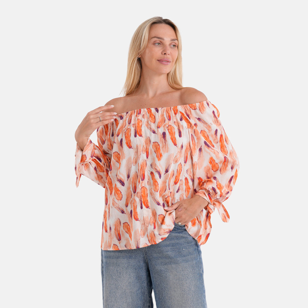 Styled By Printed Boatneck Top with Balloon Sleeves (One Size) - Orange