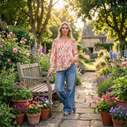 Styled By Printed Boatneck Top with Balloon Sleeves (One Size) - Orange