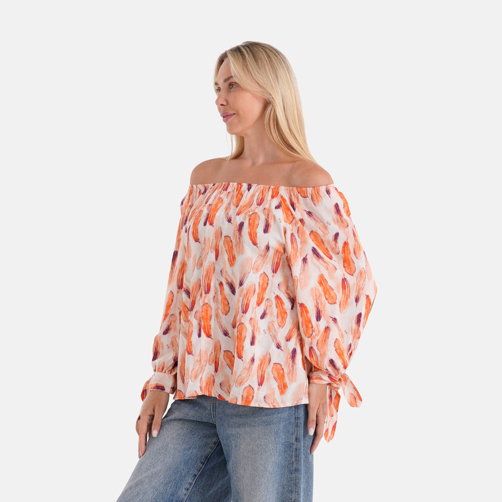 Styled By Printed Boatneck Top with Balloon Sleeves (One Size) - Orange