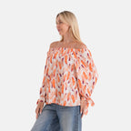 Styled By Printed Boatneck Top with Balloon Sleeves (One Size) - Orange